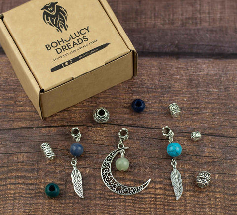 blue, green and metal beads for dreads
